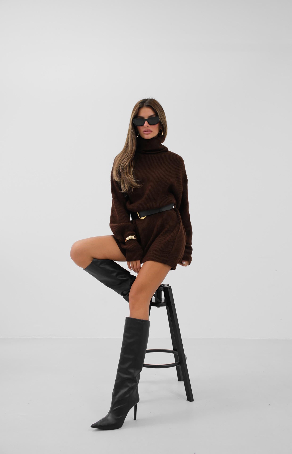 Oversized Gebreide Coltrui , Bruin, Gebreide Truien Dames, Dames Gebreide Truien, Gebreide Trui Dames, Voorkant, Ander pose