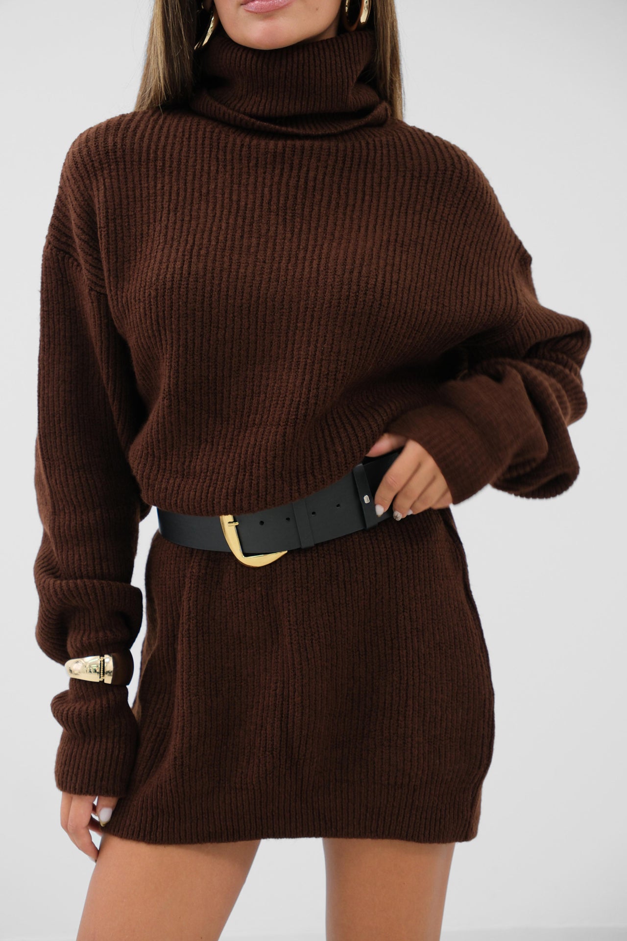 Oversized Gebreide Coltrui , Bruin, Gebreide Truien Dames, Dames Gebreide Truien, Gebreide Trui Dames, Voorkant, Dichterbij